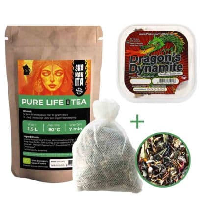 Tripping Chá com Dragão's Dynamite 20 gramas de trufas mágicas e Pure Life Bio Tea para exploradores aventureiros.