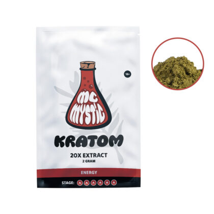 Kratom 20x extract 2 gram Front view + contents McMystic